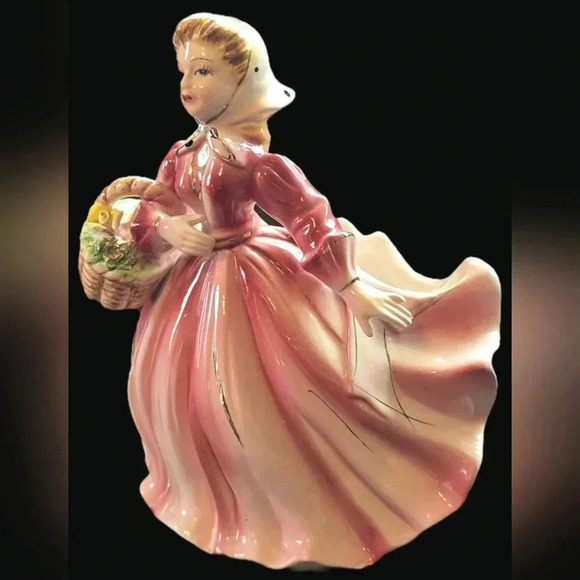 Vintage Lefton Lady in Flowing Pink Dress with Basket of Flowers Planter or Vase - Picture 4 of 11